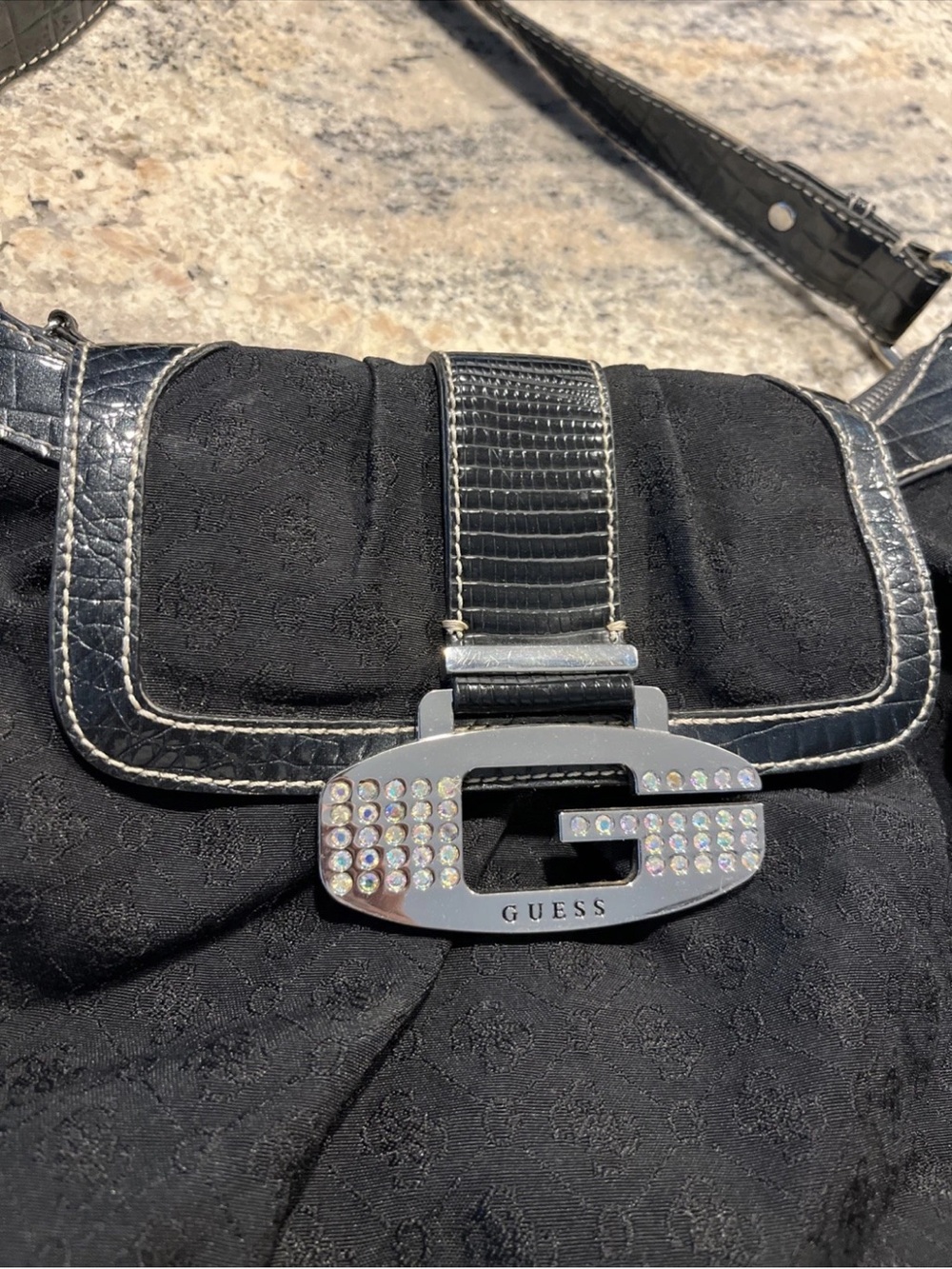 Guess Vintage Black and Silver Large Shoulder Bag Y2K 90s Hobo Purse - Picture 2 of 7